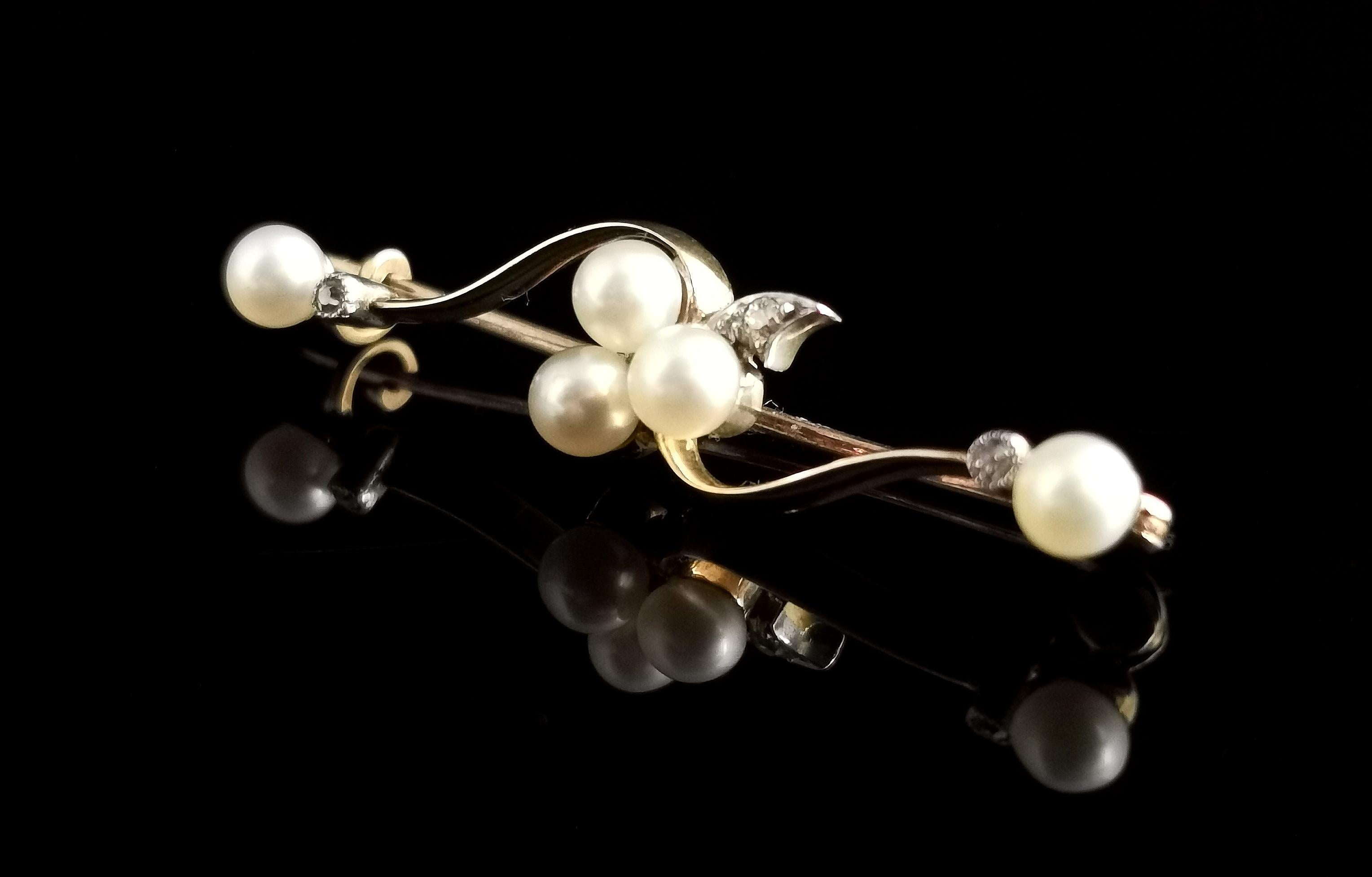 Old Mine Cut Antique Diamond and Pearl Shamrock Brooch, 9k Gold and Silver