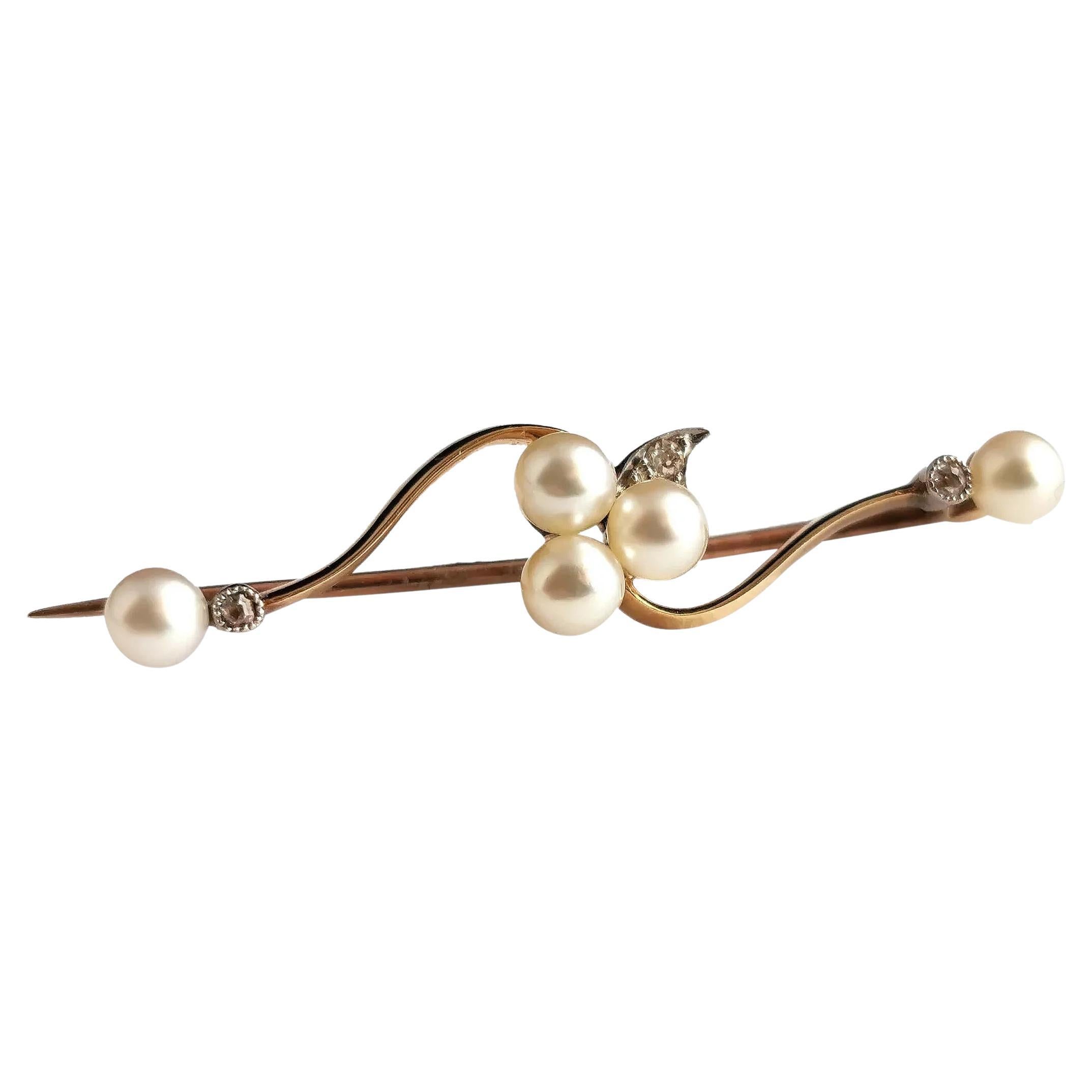 Antique Diamond and Pearl Shamrock Brooch, 9k Gold and Silver