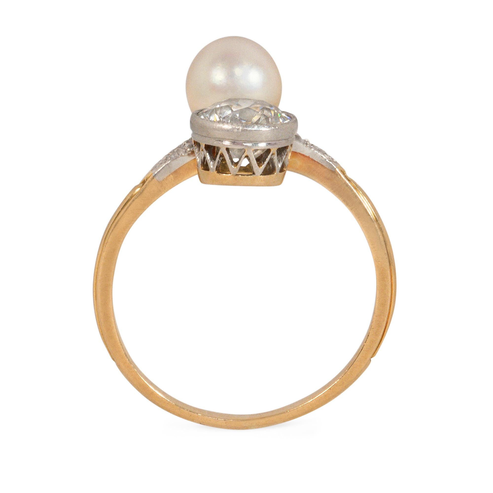 Edwardian Antique Diamond and Pearl Toi et Moi Ring in Platinum and 18k Gold For Sale