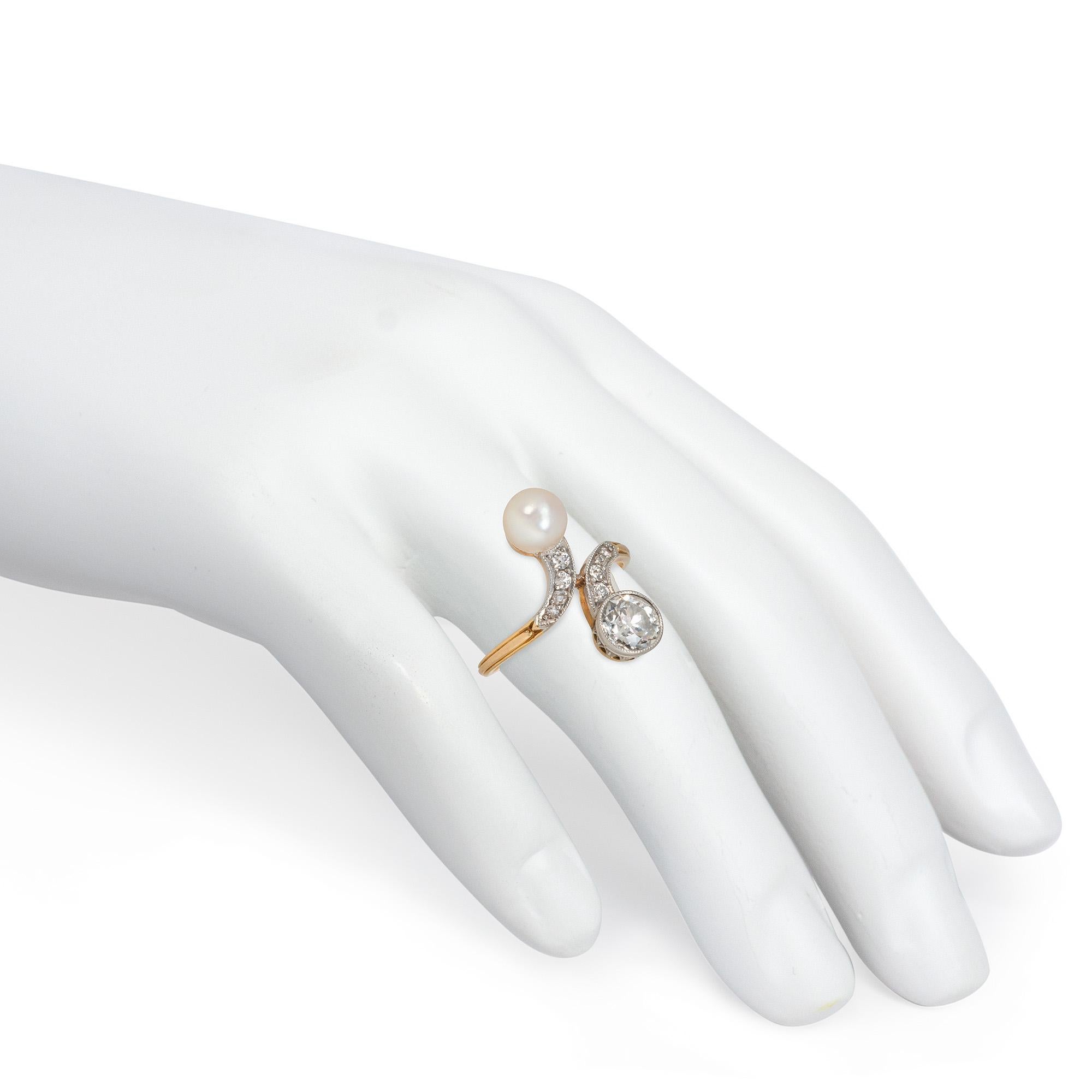 Round Cut Antique Diamond and Pearl Toi et Moi Ring in Platinum and 18k Gold For Sale