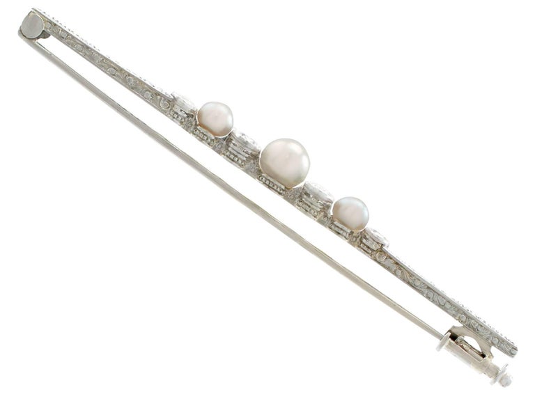 Old European Cut Antique Diamond and Pearl White Gold Bar Brooch For Sale