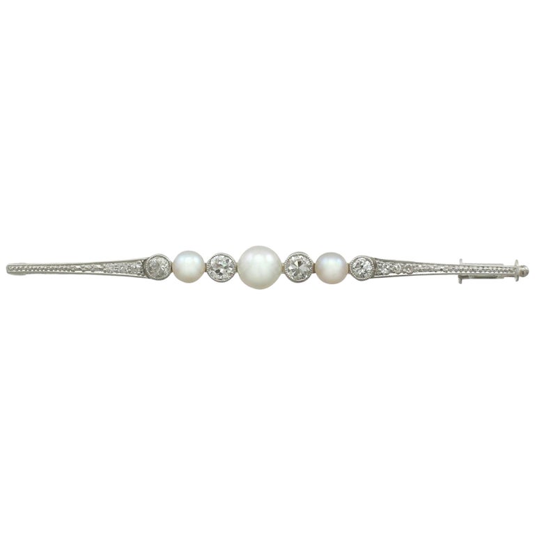Antique Diamond and Pearl White Gold Bar Brooch For Sale