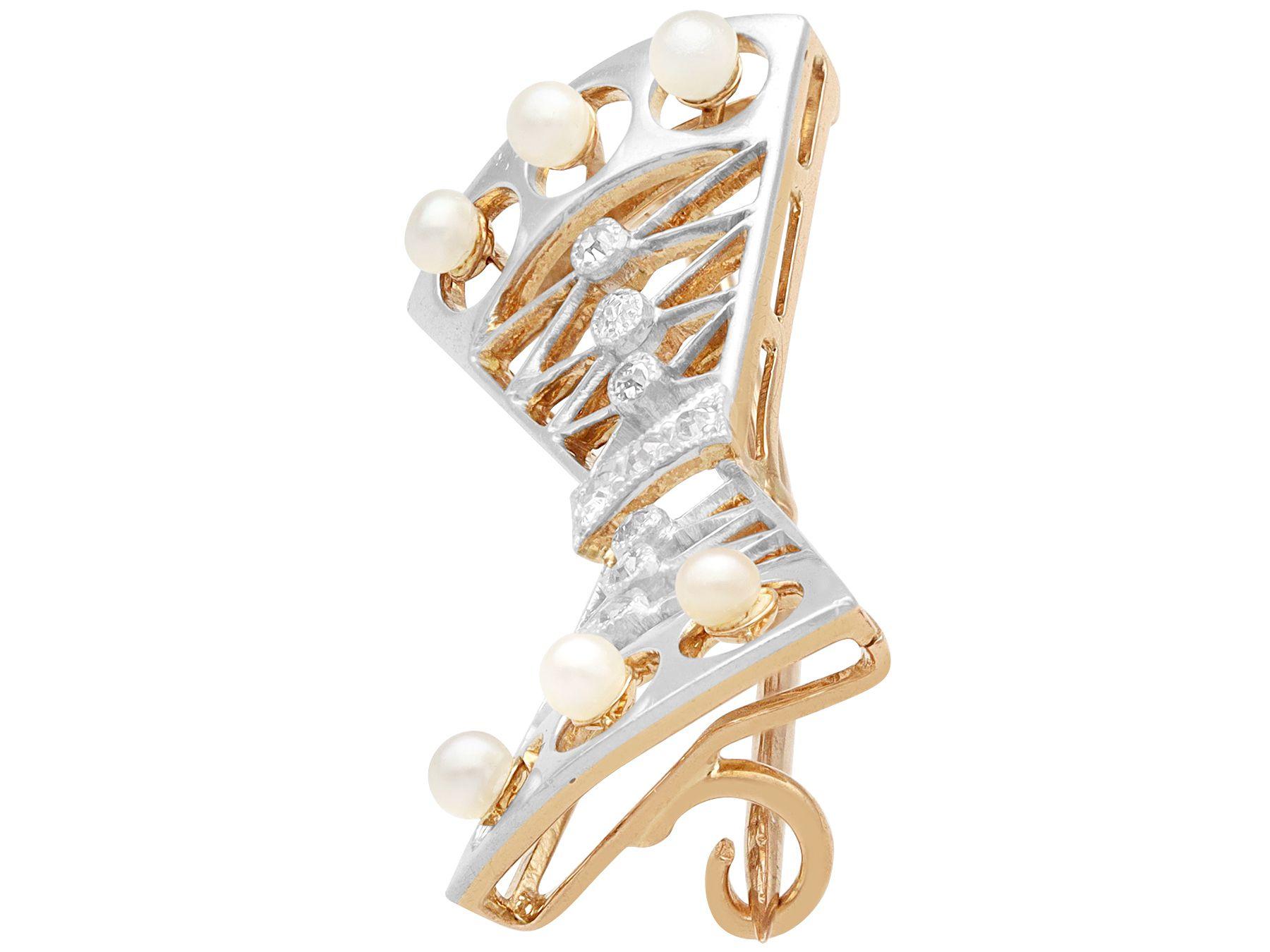 Old European Cut Antique Diamond and Pearl 15K Yellow Gold Bow Brooch, Circa 1920 For Sale