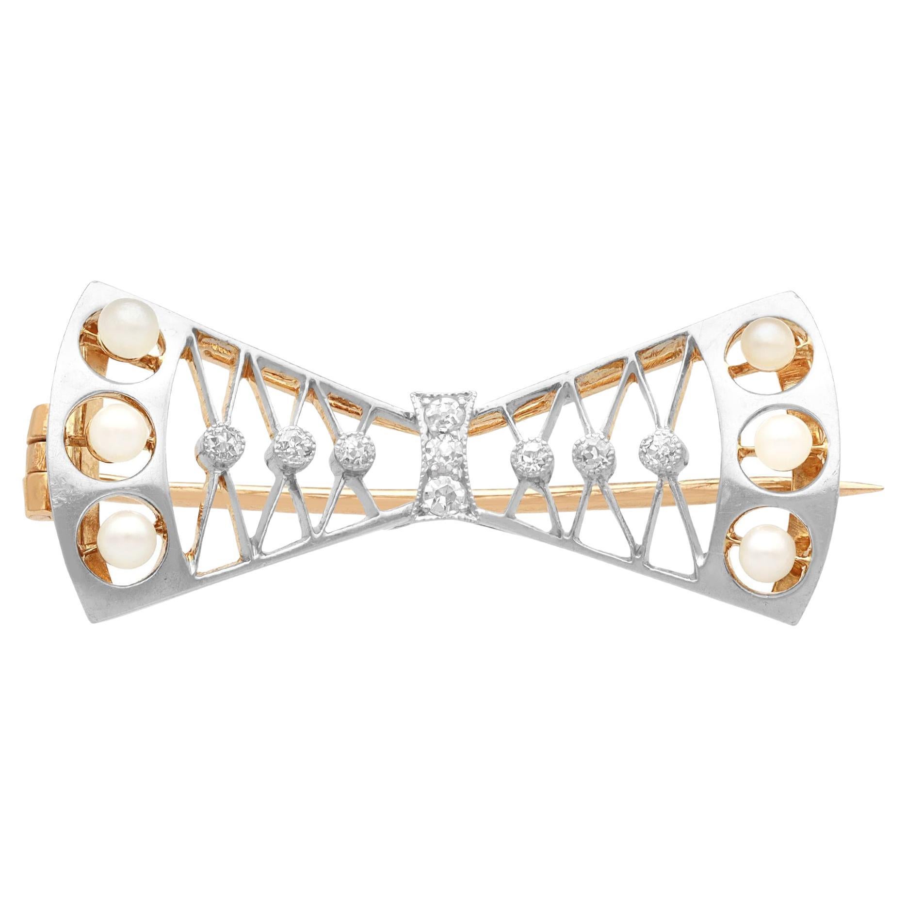 Antique Diamond and Pearl 15K Yellow Gold Bow Brooch, Circa 1920 For Sale