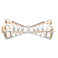 Antique Diamond and Pearl Yellow Gold Bow Brooch, Circa 1920