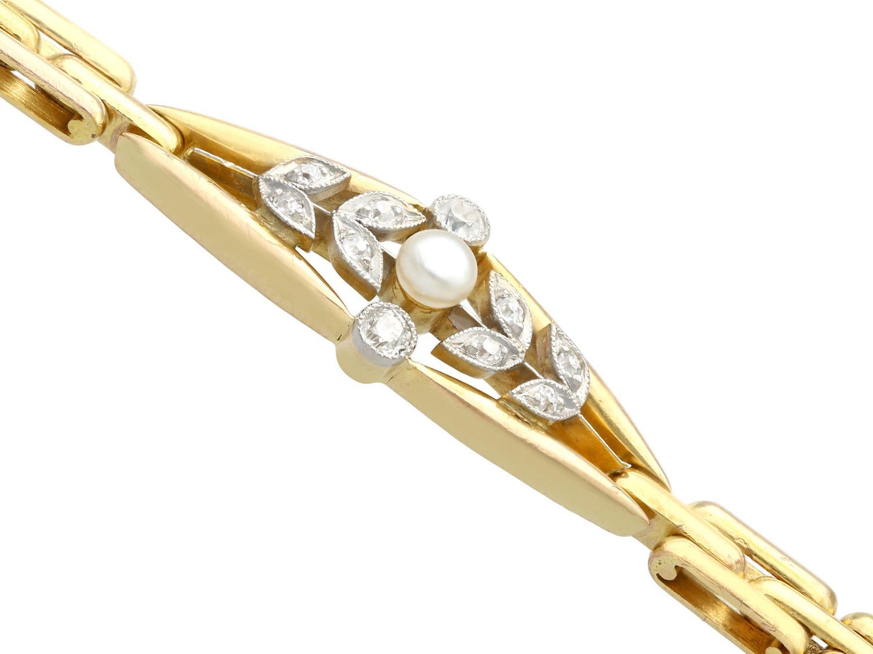 A fine and impressive antique 0.25 carat diamond and pearl, 14 karat yellow gold bracelet; part of our diverse antique jewelry and estate jewelry collections.

This fine and impressive antique bracelet has been crafted in 14k yellow gold with a