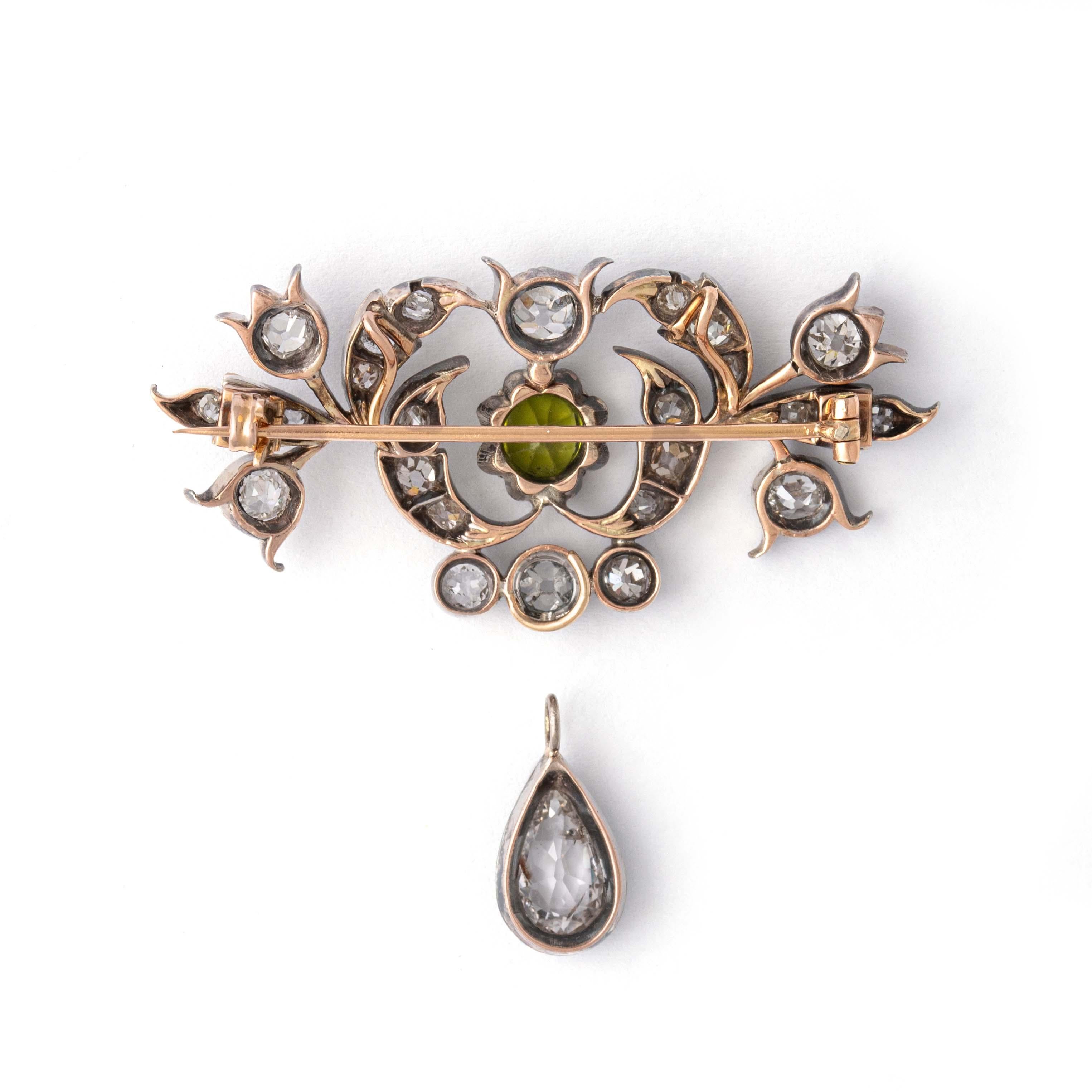 Antique Diamond and Peridot Brooch Pendant Late 19th Century For Sale 8