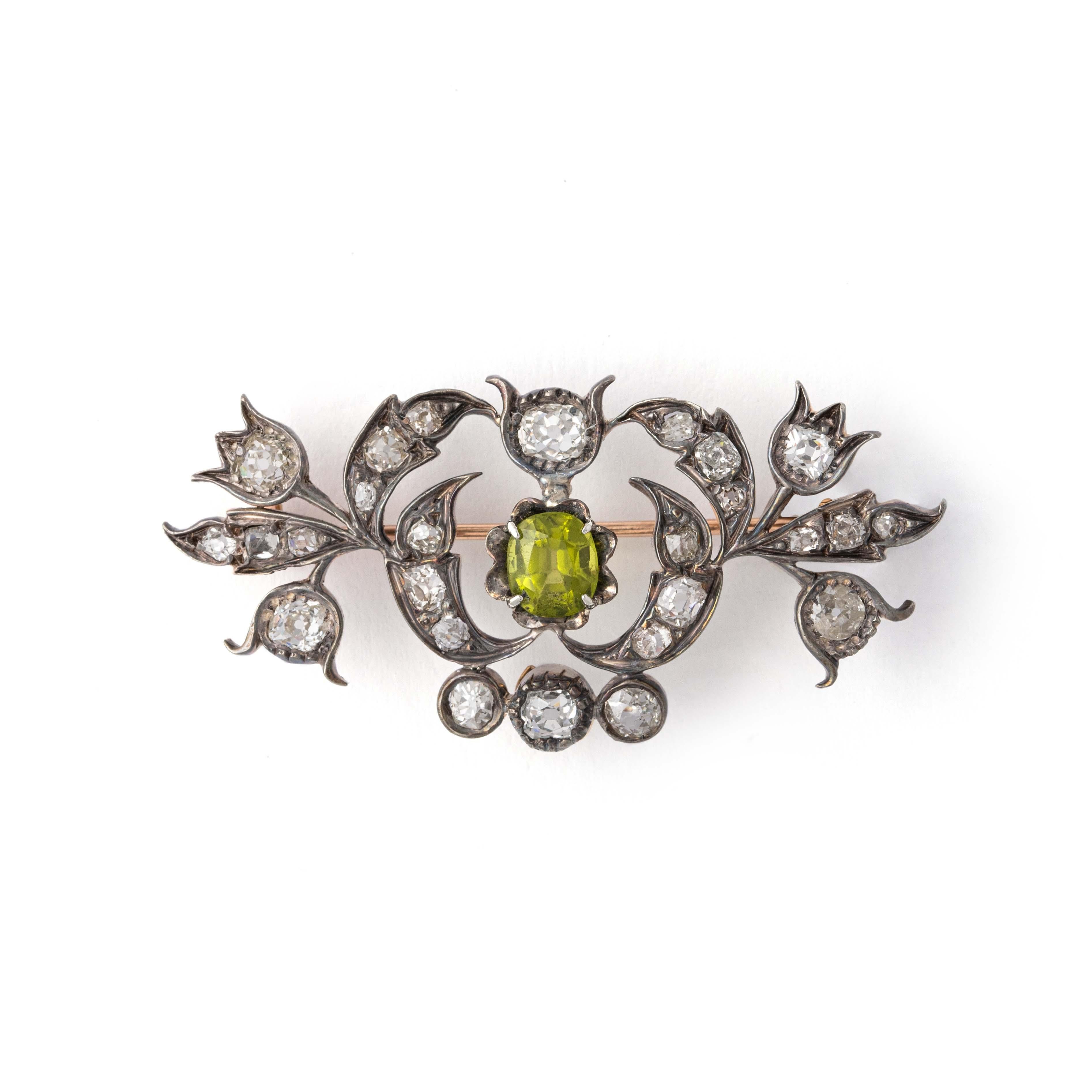 Old Mine Cut Antique Diamond and Peridot Brooch Pendant Late 19th Century For Sale