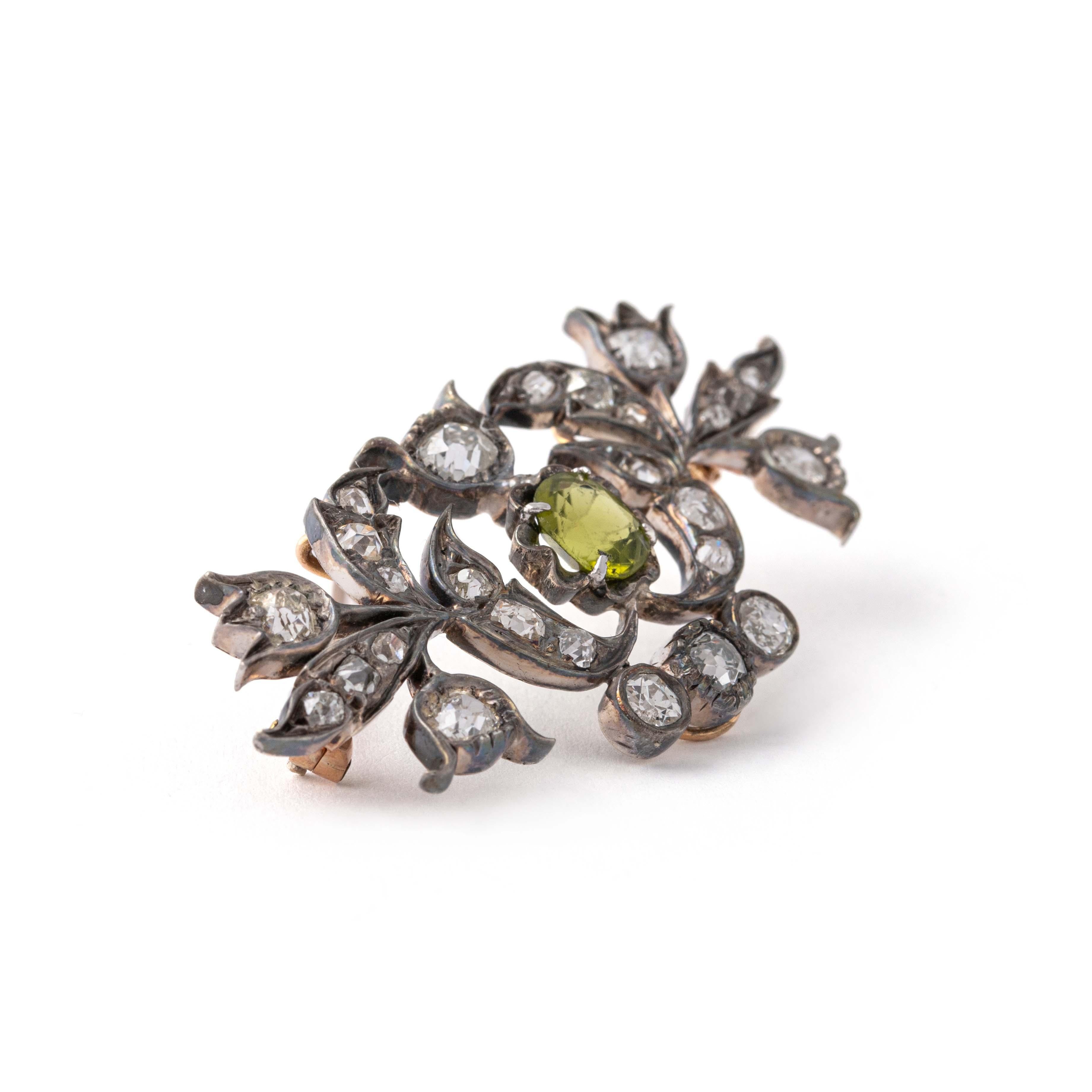 Women's or Men's Antique Diamond and Peridot Brooch Pendant Late 19th Century For Sale