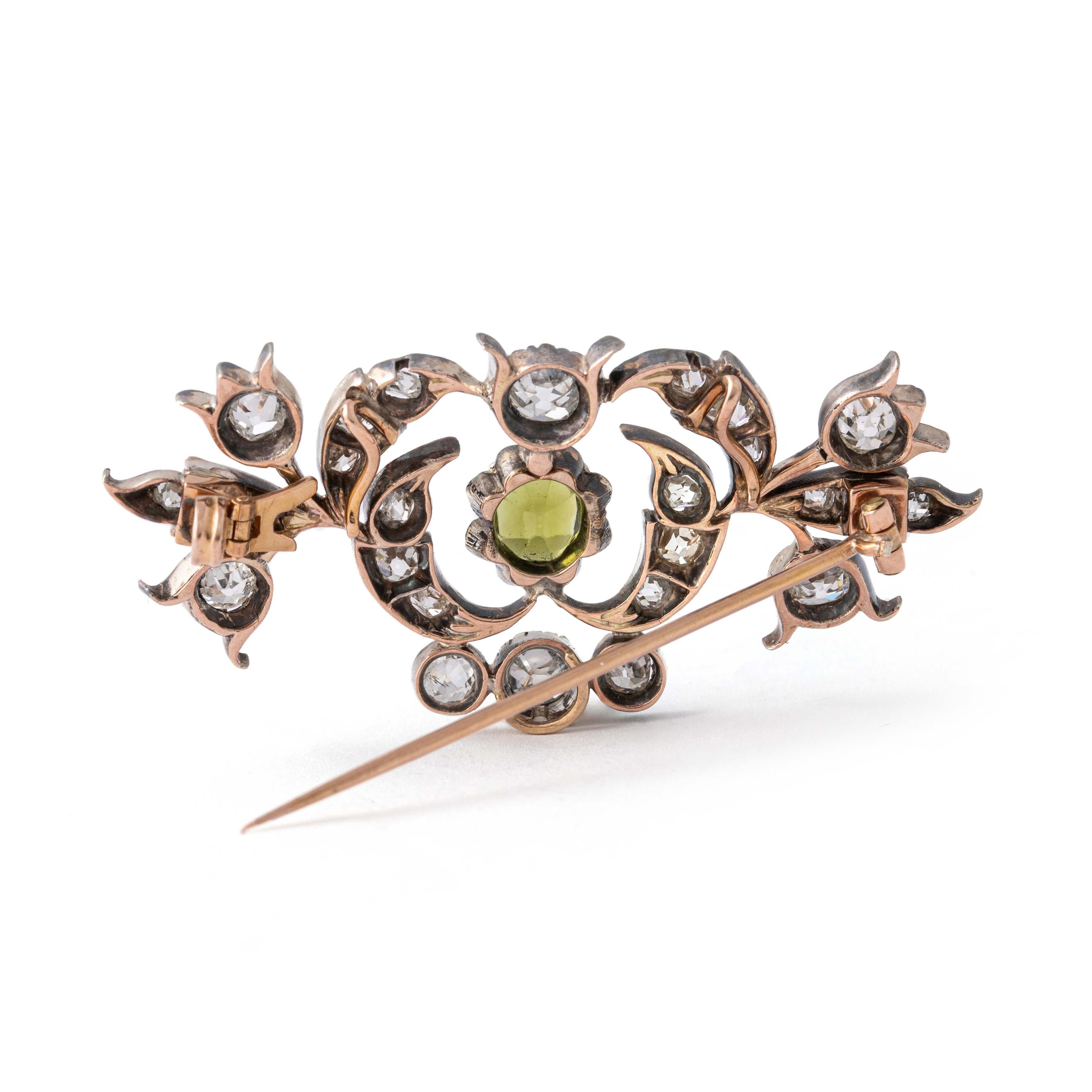 Antique Diamond and Peridot Brooch Pendant Late 19th Century For Sale 1