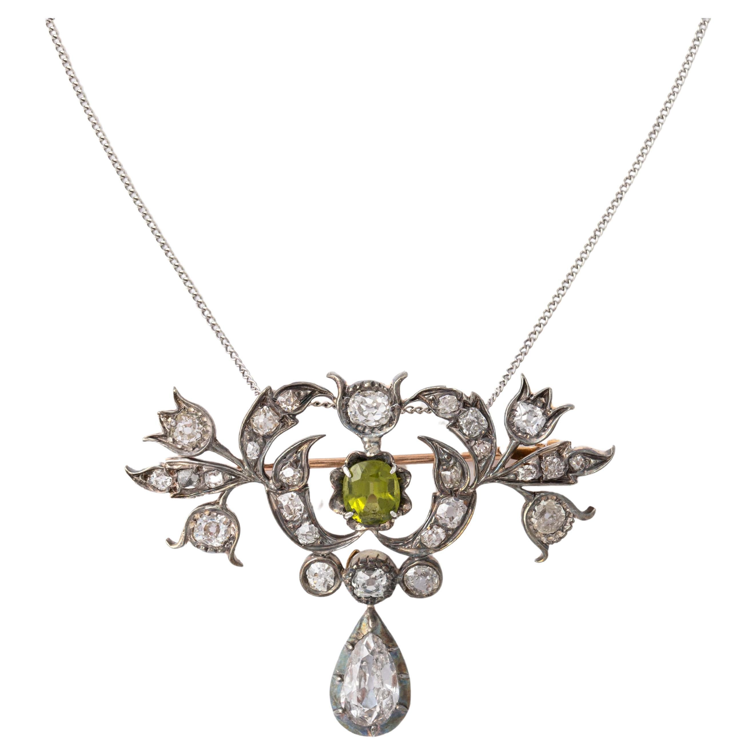 Antique Diamond and Peridot Brooch Pendant Late 19th Century For Sale