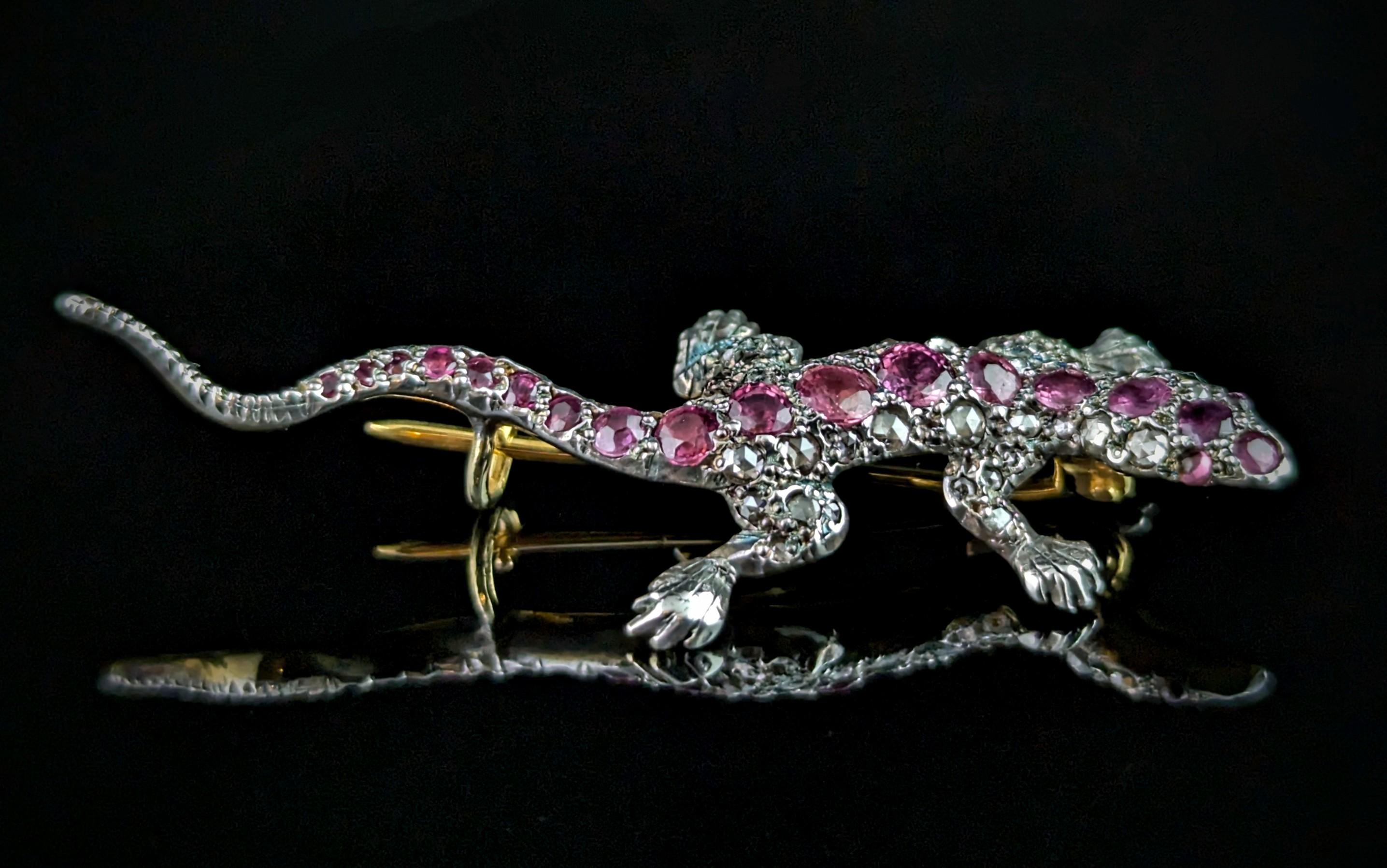 Antique Diamond and Pink sapphire lizard brooch, 9k gold and Silver For ...