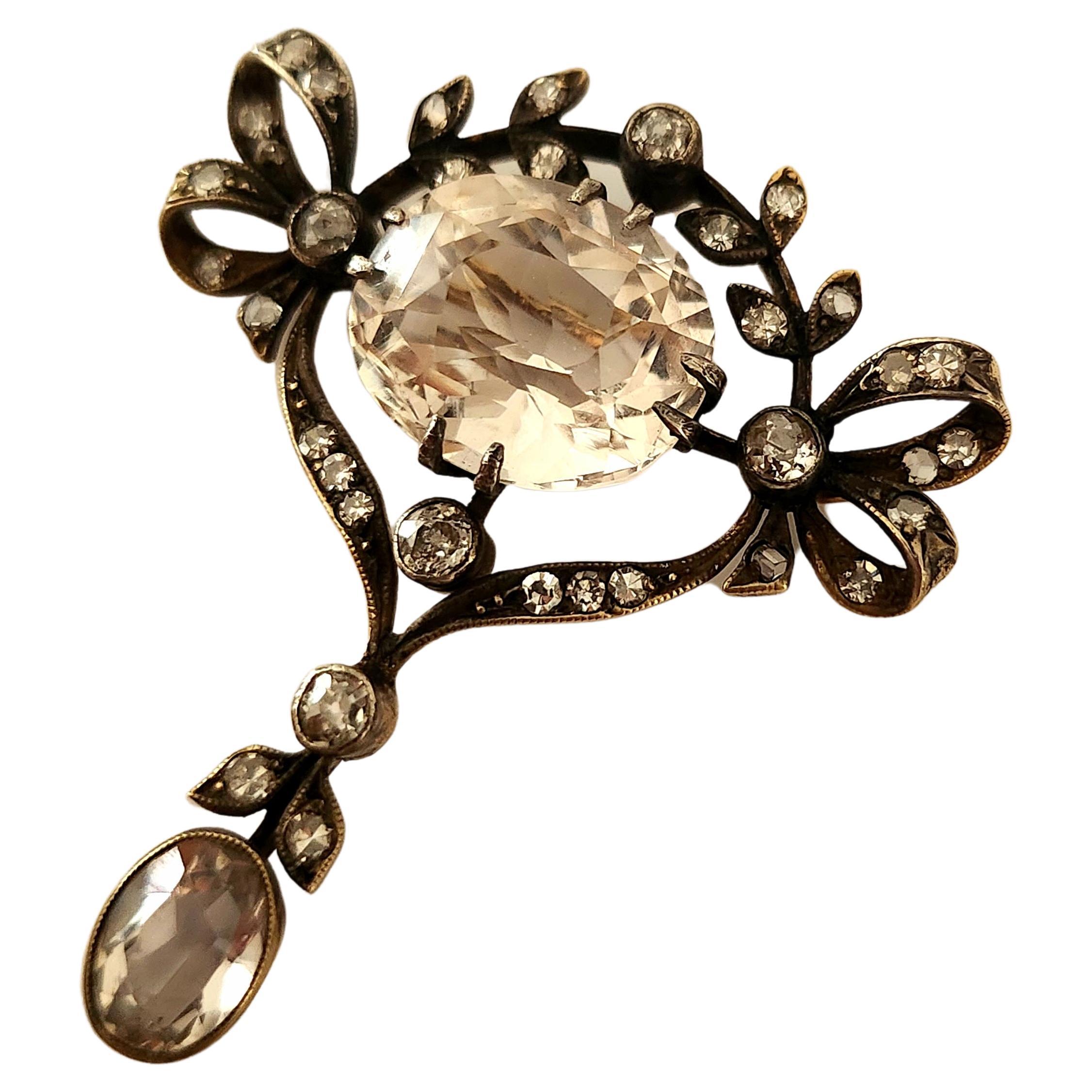  Antique russian era brooch in art novo style centered with light smoky quartz color and old mine cut diamonds brooch was made in st petersburg 1920.c hall marked 875 silver finest and st petersburg assay mark and initial maker mark brooch messures