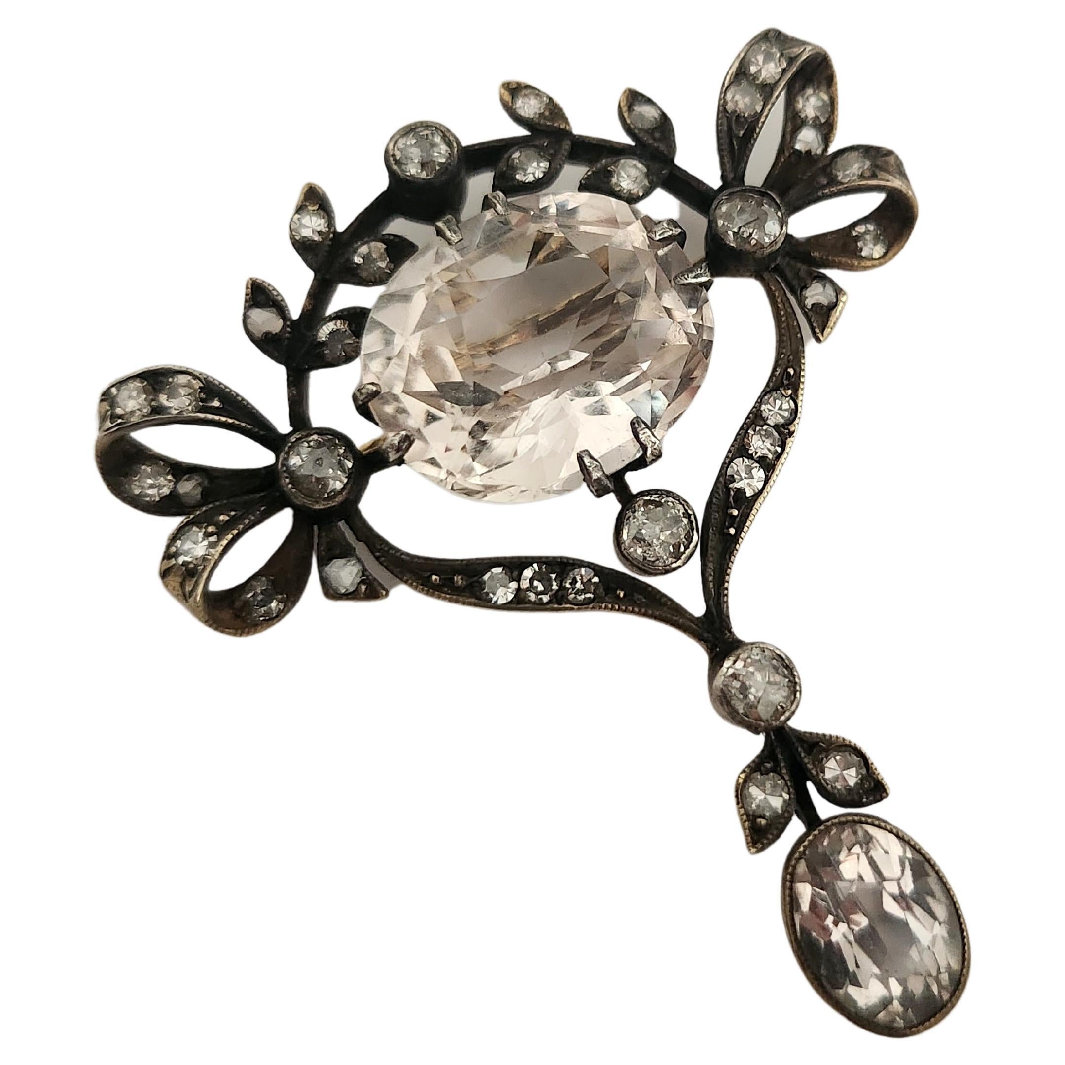 Antique Old Mine Cut Diamonds and Quartz Russian Silver Brooch In Good Condition For Sale In Cairo, EG