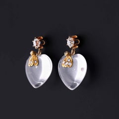 Antique Diamond and Rock Crystal Heart Earrings of 14k Gold