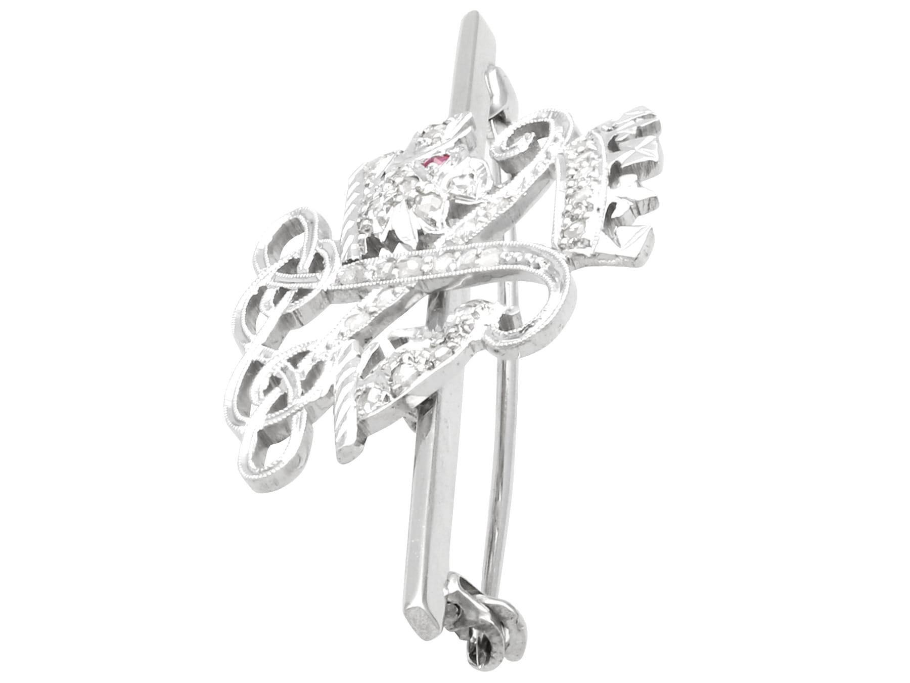 Round Cut Antique Diamond and Ruby 9k White Gold Argyll and Sutherland Highlander Brooch  For Sale