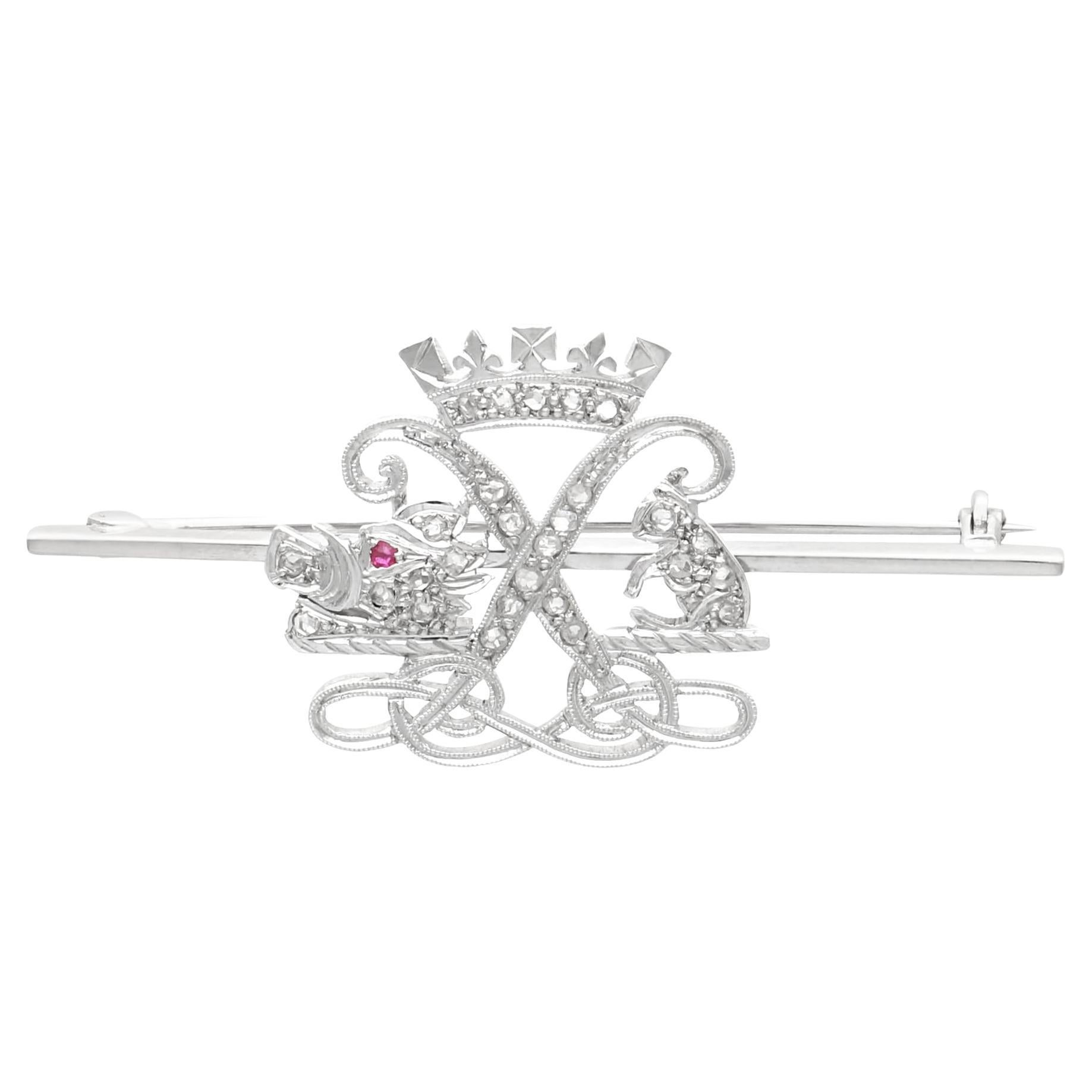 Antique Diamond and Ruby 9k White Gold Argyll and Sutherland Highlander Brooch  For Sale