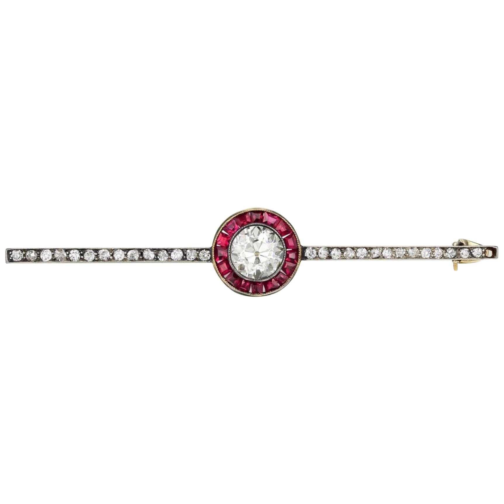 Antique Diamond and Ruby Bar Pin For Sale