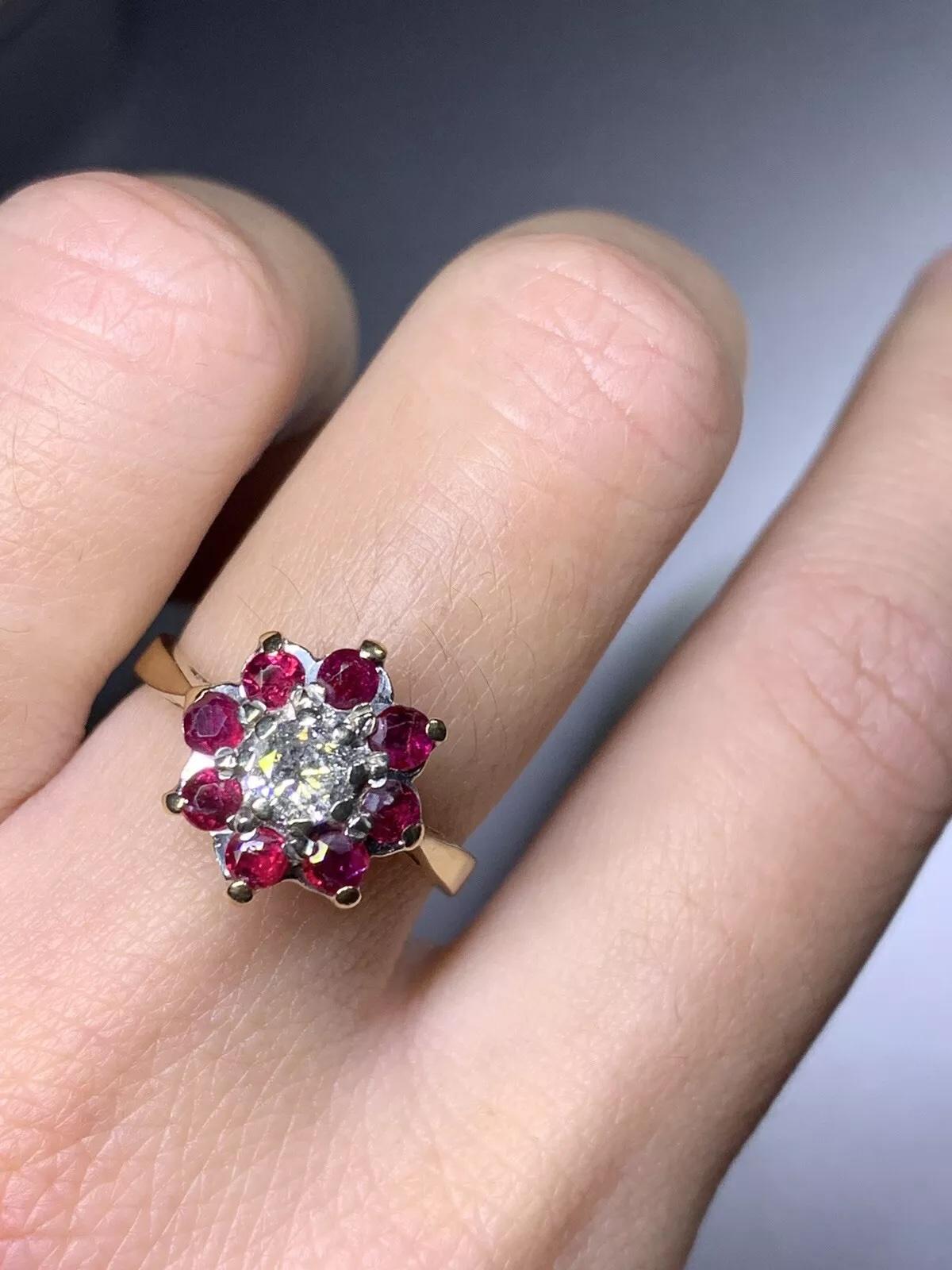Round Cut Antique Diamond And Ruby Cluster 18k Yellow Gold Ring. For Sale