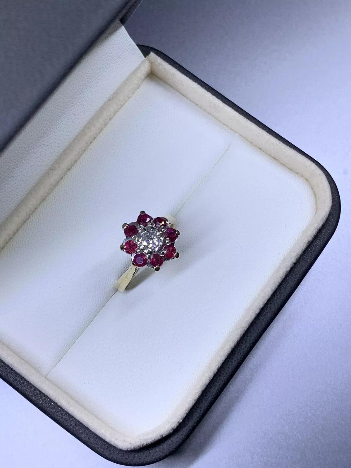 Women's or Men's Antique Diamond And Ruby Cluster 18k Yellow Gold Ring. For Sale