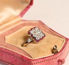 Edwardian Diamond and Ruby Engagement Ring. Diamond Cluster Ring 18k Yellow Gold