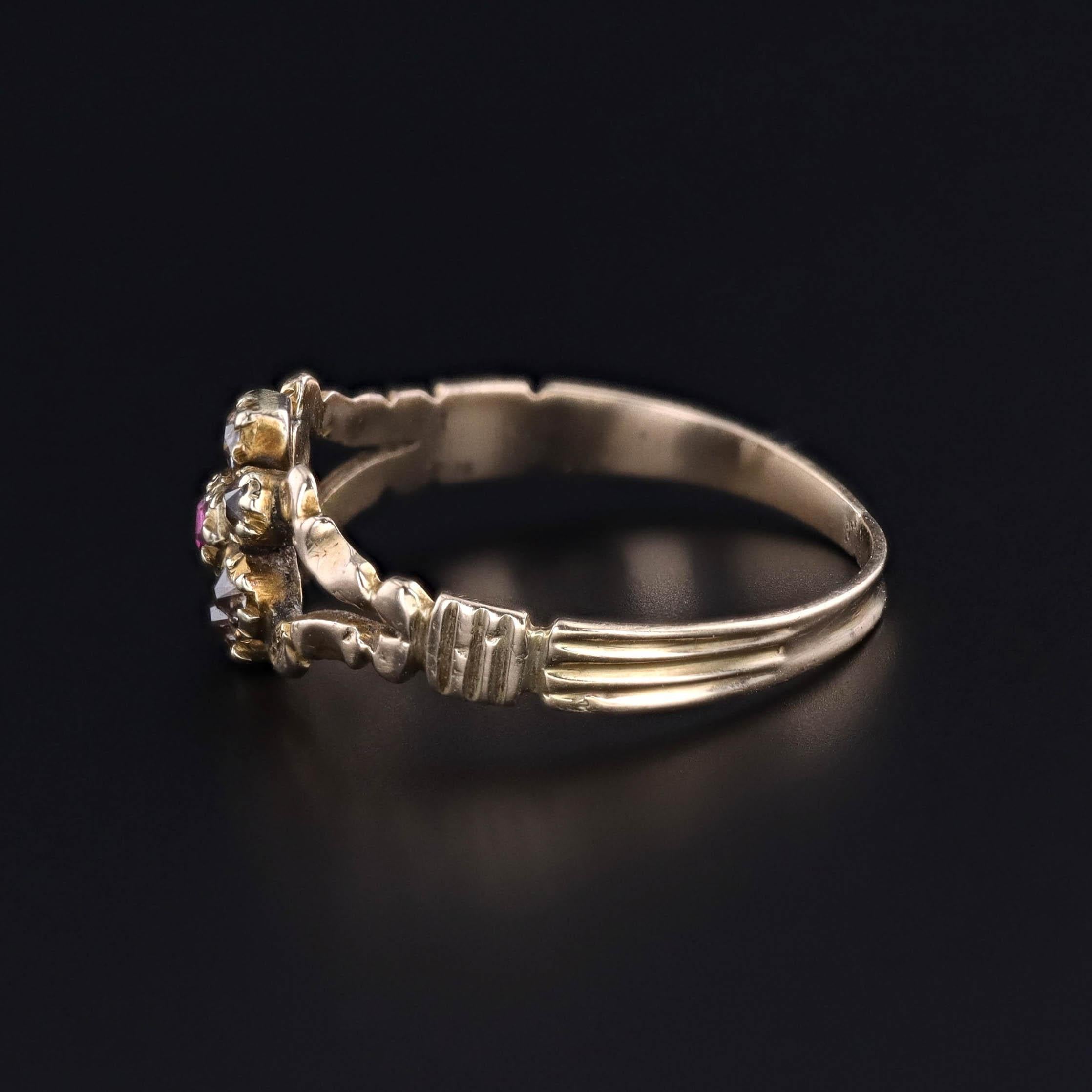 Georgian Antique Diamond and Ruby Flower Ring of 12ct Gold For Sale