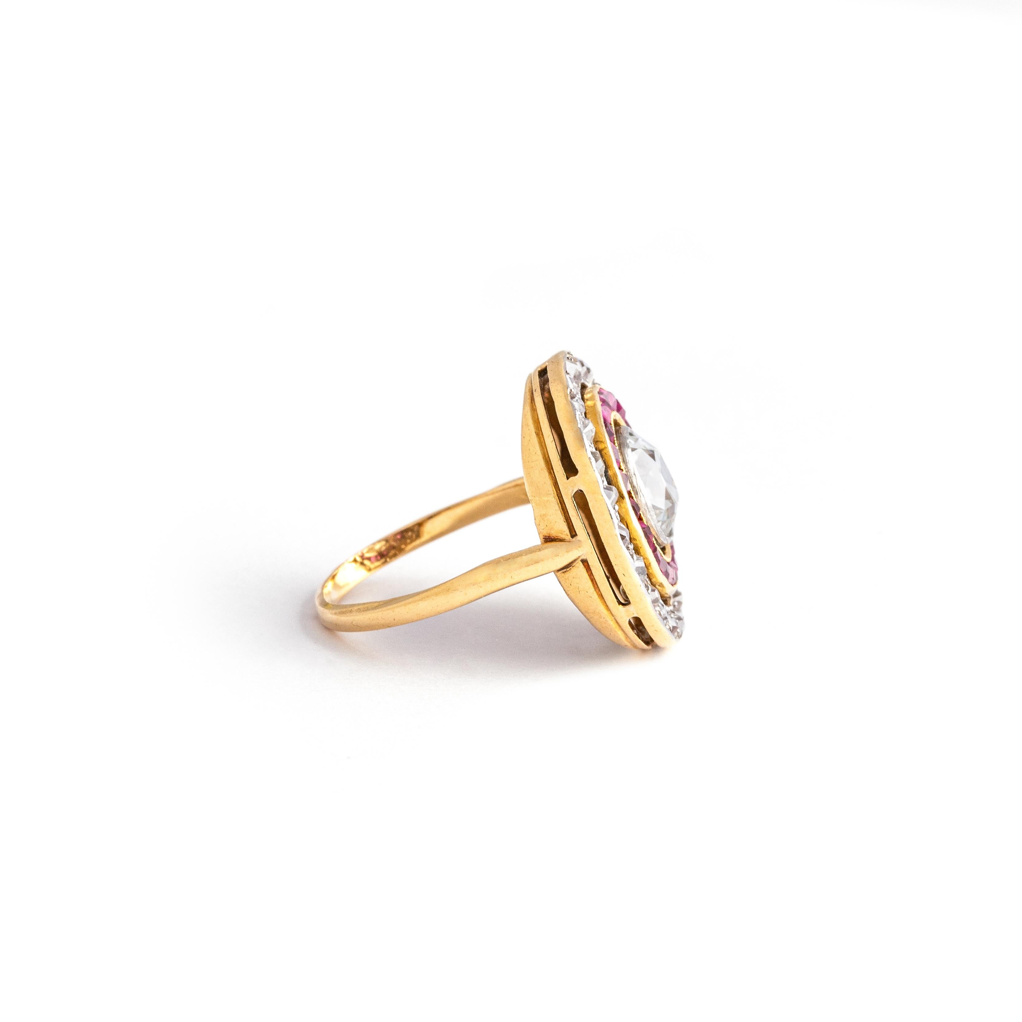 Old Mine Cut Antique Diamond and Ruby Gold Ring