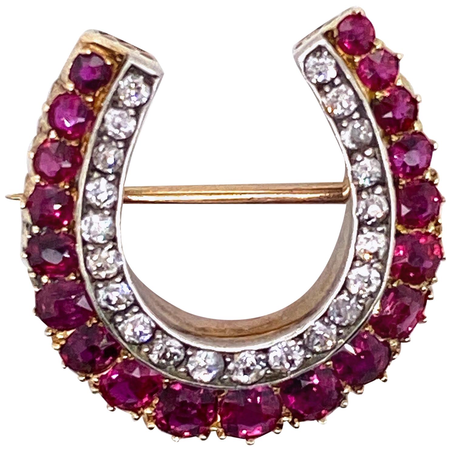 Antique Diamond and Ruby Horseshoe Brooch Pin For Sale