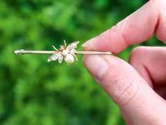 Antique Diamond and Ruby Pearl and Yellow Gold Insect Bar Brooch