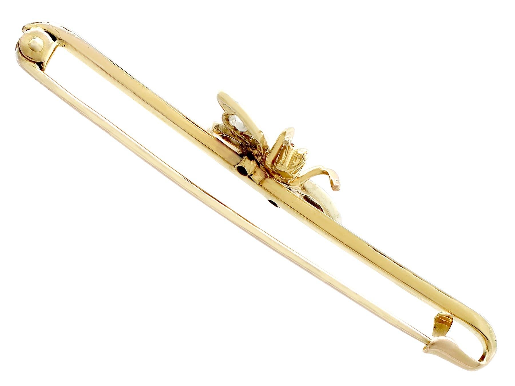 Antique Diamond and Ruby Pearl and Yellow Gold Insect Bar Brooch In Excellent Condition For Sale In Jesmond, Newcastle Upon Tyne