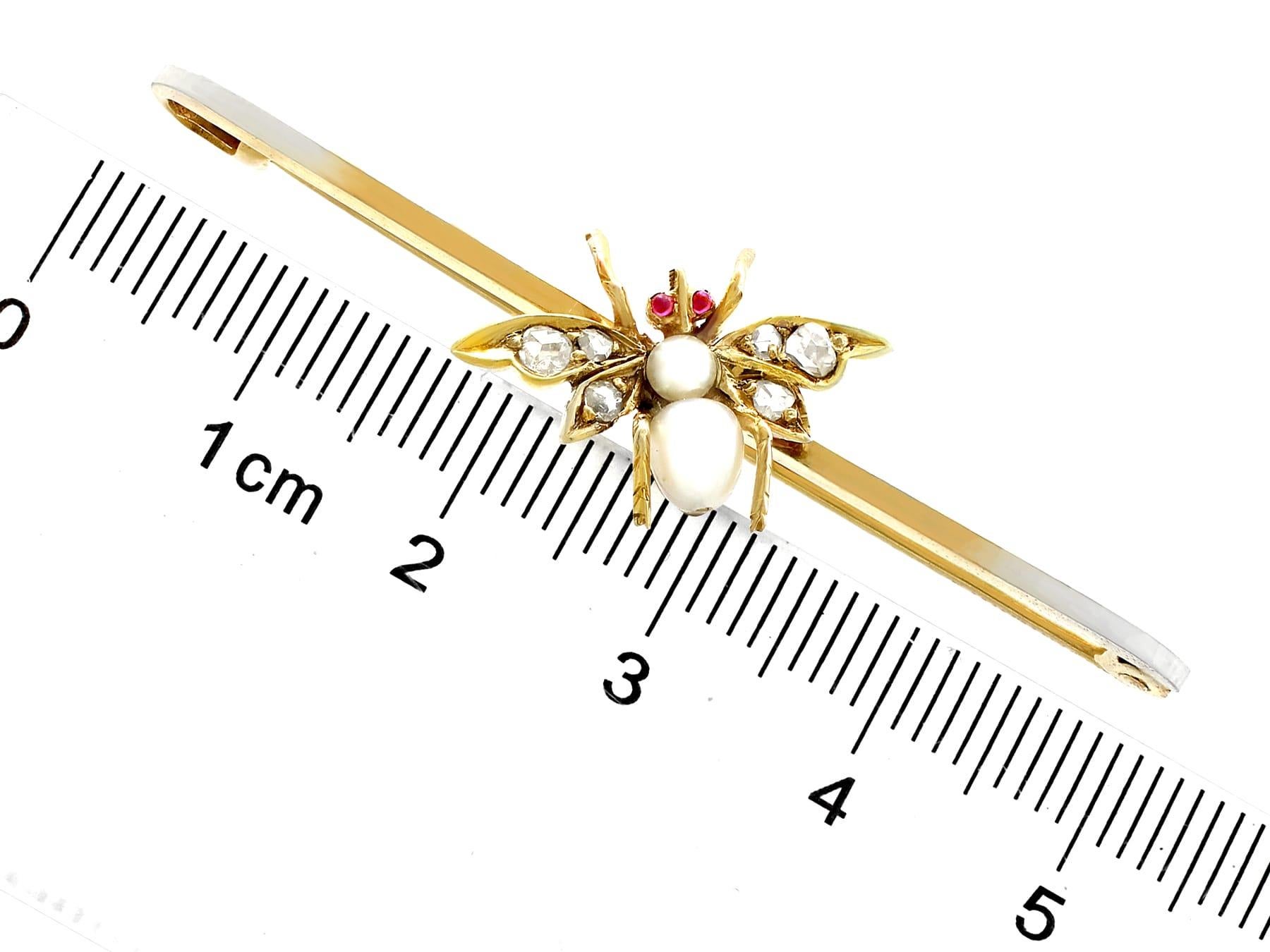 Antique Diamond and Ruby Pearl and Yellow Gold Insect Bar Brooch For Sale 2