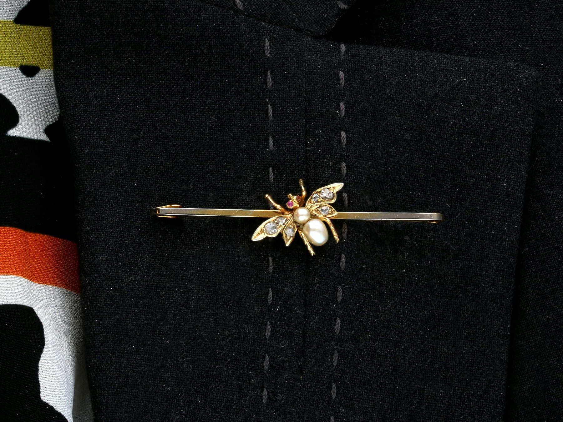 Antique Diamond and Ruby Pearl and Yellow Gold Insect Bar Brooch For Sale 3