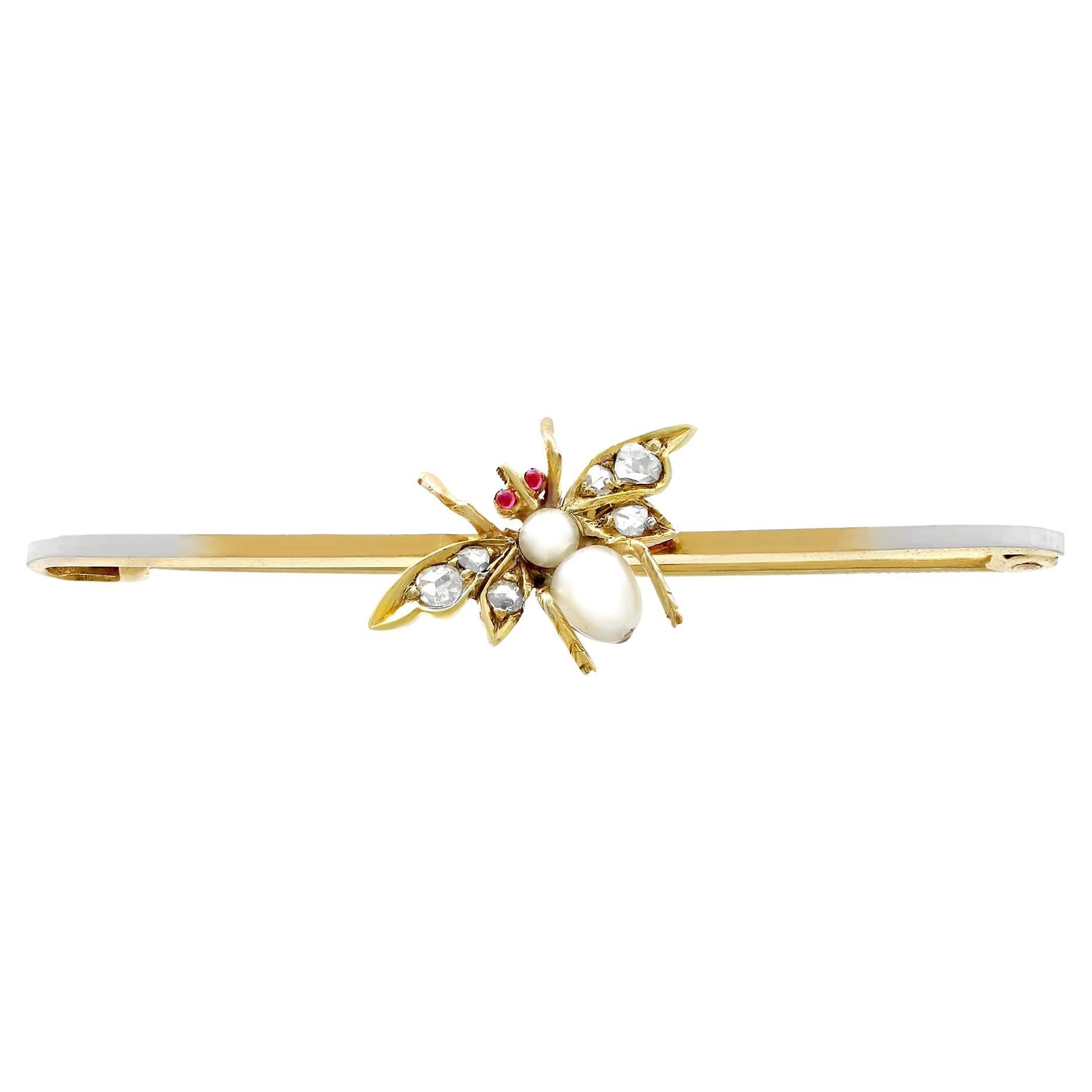 Antique Diamond and Ruby Pearl and Yellow Gold Insect Bar Brooch For Sale