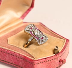 Edwardian Diamond and Ruby Ring. 0.20ct Diamond Filigree Elongated Ring Platinum