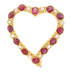 Antique Diamond and Ruby Set Gold Heart Pin