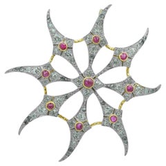 Antique Diamond and Ruby Spider Web Sun Brooch Pendant in 18 Karat Gold