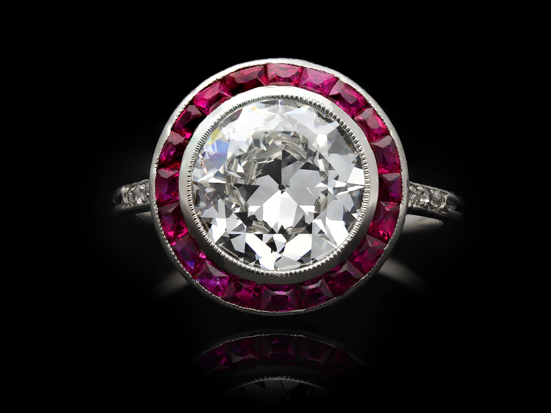 Women's Antique Diamond and Ruby Target Ring, French, circa 1920 For Sale