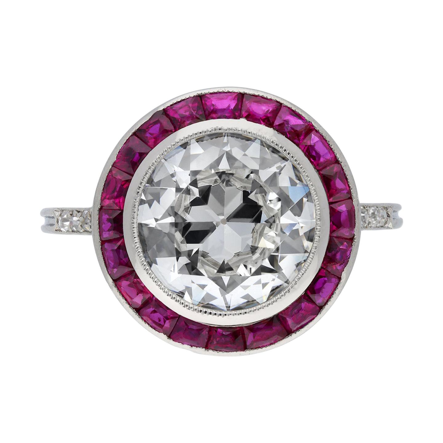 Antique Diamond and Ruby Target Ring, French, circa 1920 For Sale