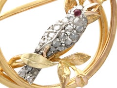 Antique Diamond and Ruby Yellow Gold and Silver Bird Brooch