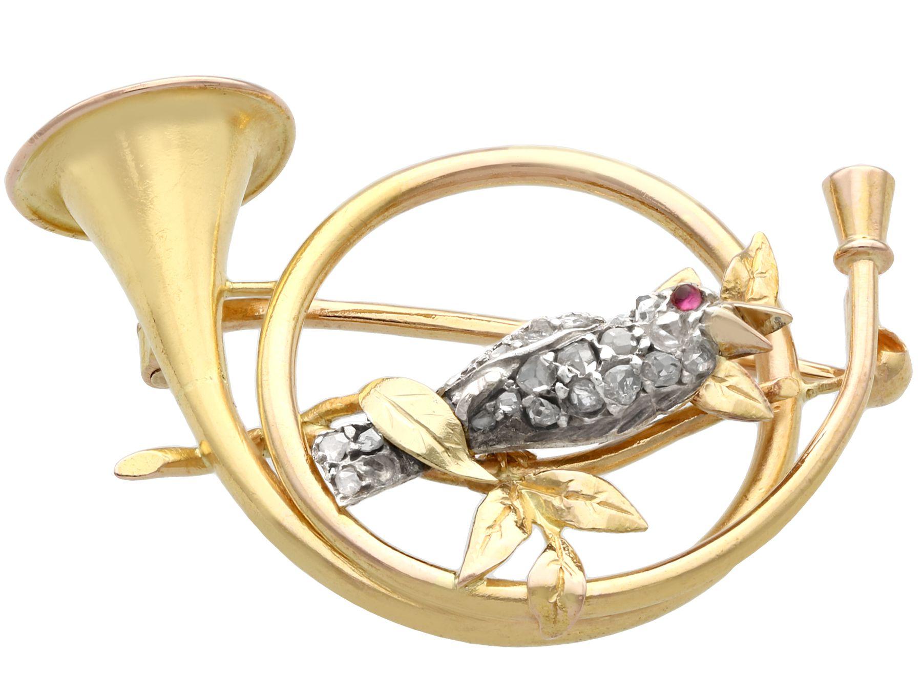 Round Cut Antique Diamond and Ruby Yellow Gold and Silver Bird Brooch For Sale