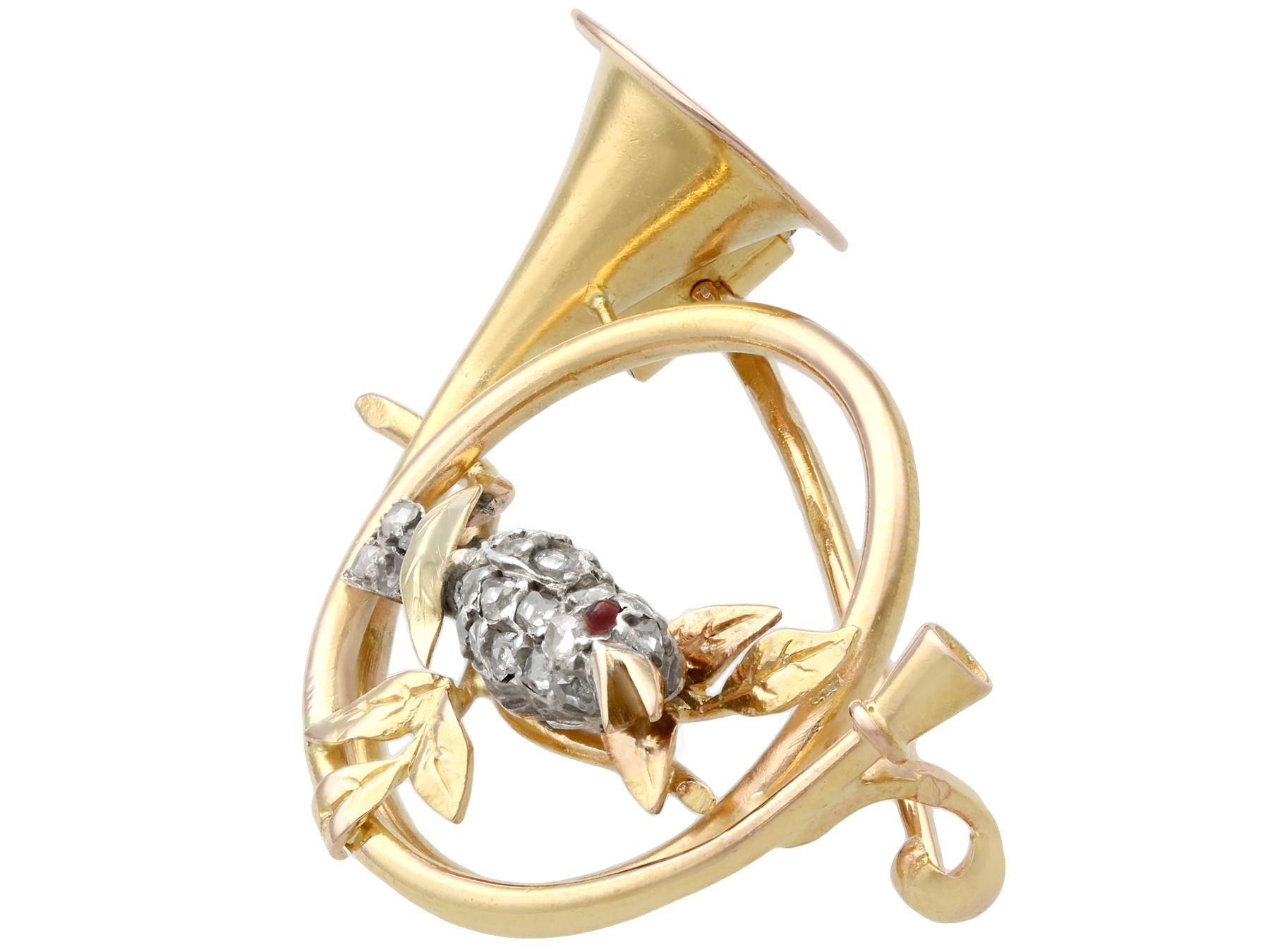 Antique Diamond and Ruby Yellow Gold and Silver Bird Brooch In Excellent Condition For Sale In Jesmond, Newcastle Upon Tyne