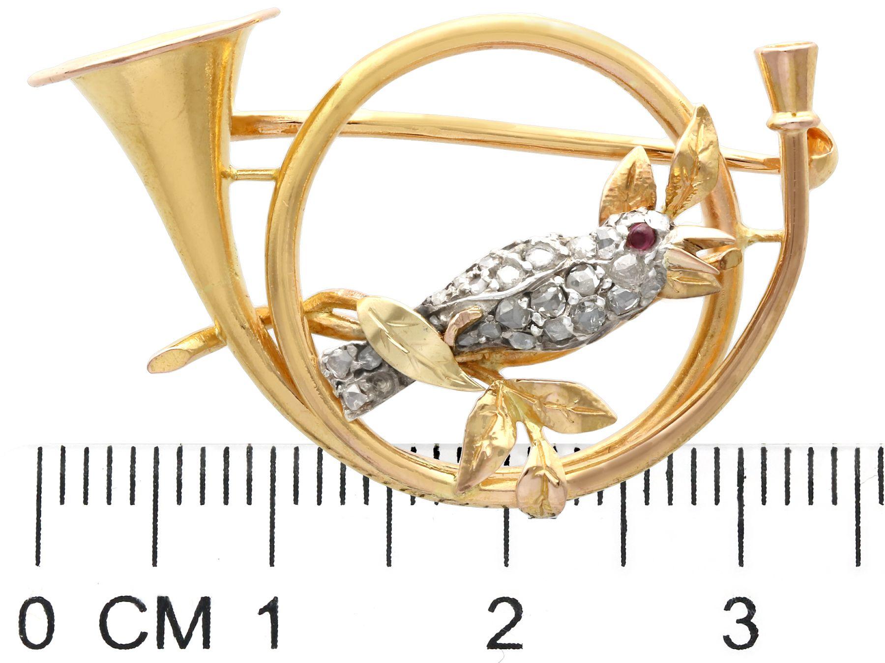 Antique Diamond and Ruby Yellow Gold and Silver Bird Brooch For Sale 2