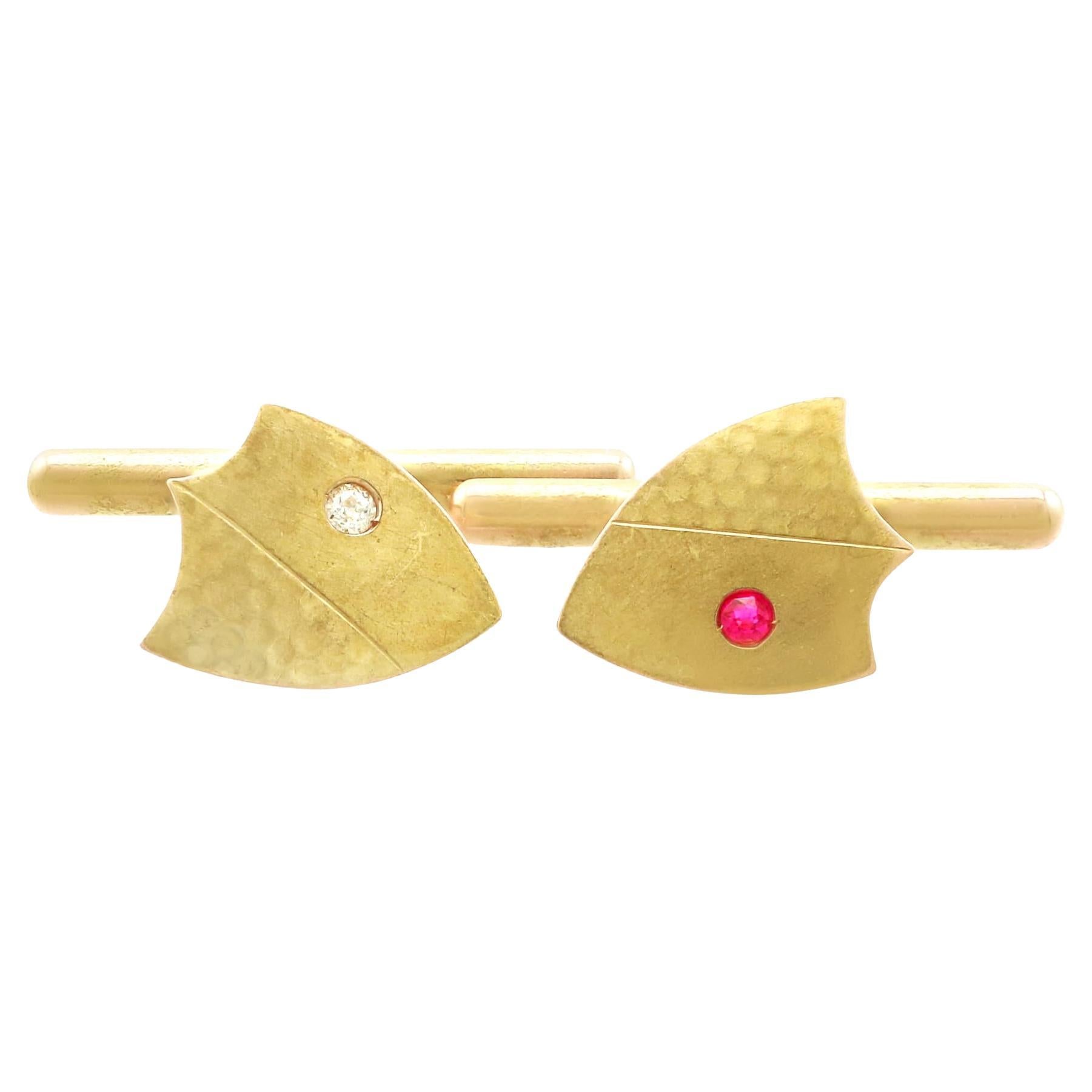 Antique Diamond and Ruby Yellow Gold Shield Cufflinks For Sale