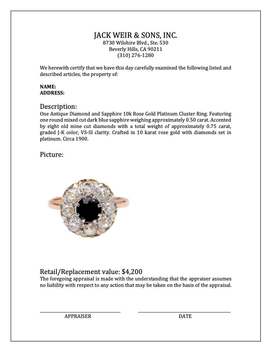 Antique Diamond and Sapphire 10k Rose Gold Platinum Cluster Ring For Sale 1