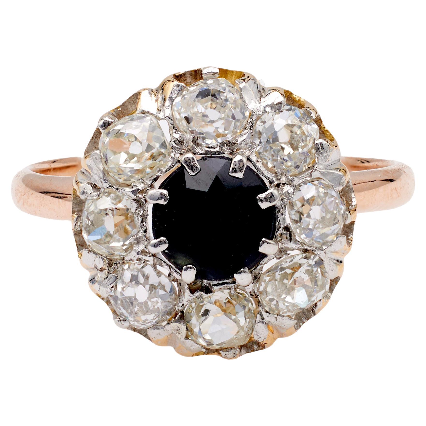 Antique Diamond and Sapphire 10k Rose Gold Platinum Cluster Ring For Sale
