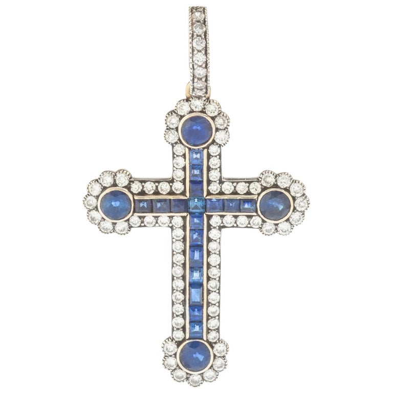 Antique Diamond and Sapphire Cross Pendant For Sale