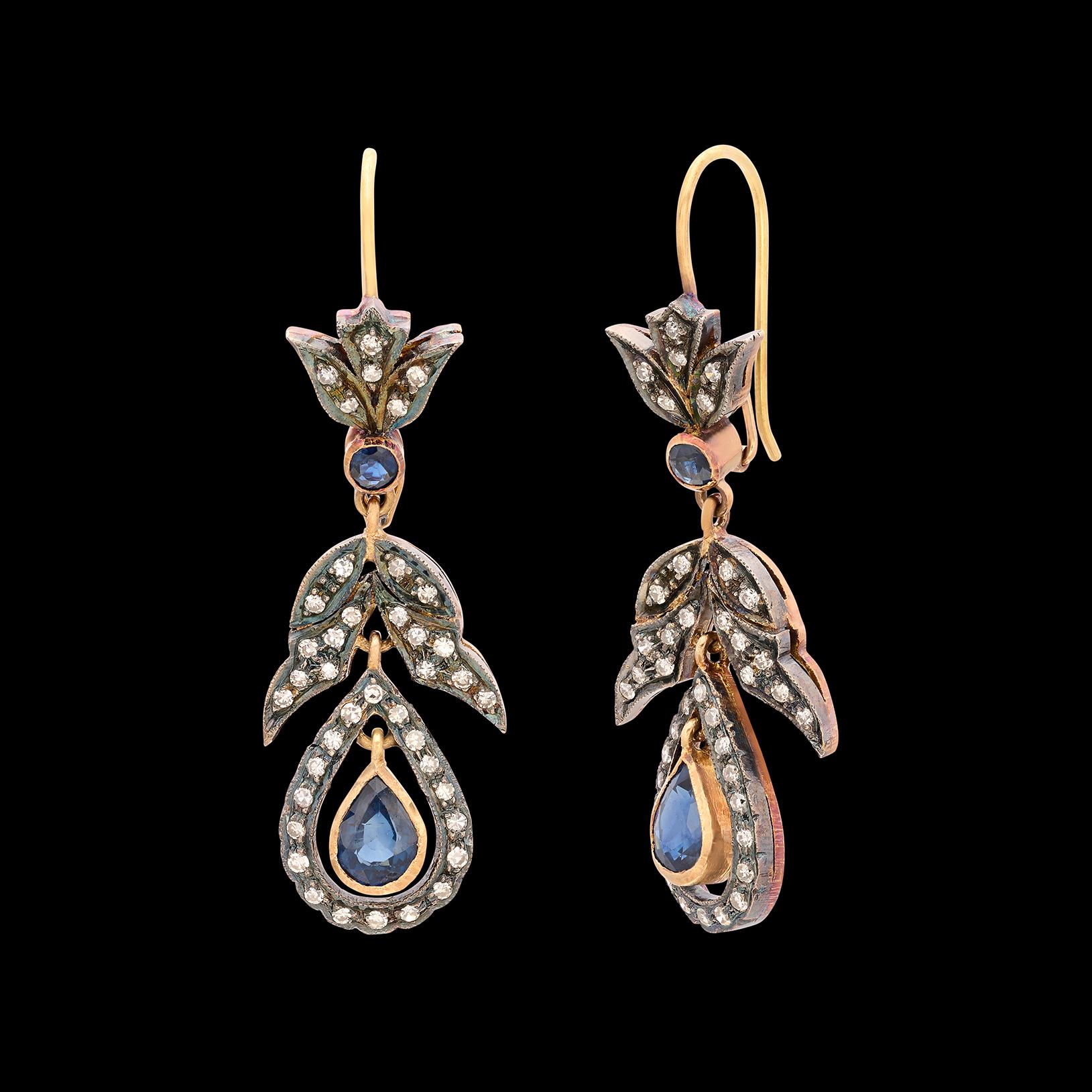 Pear Cut Antique Diamond and Sapphire Earrings