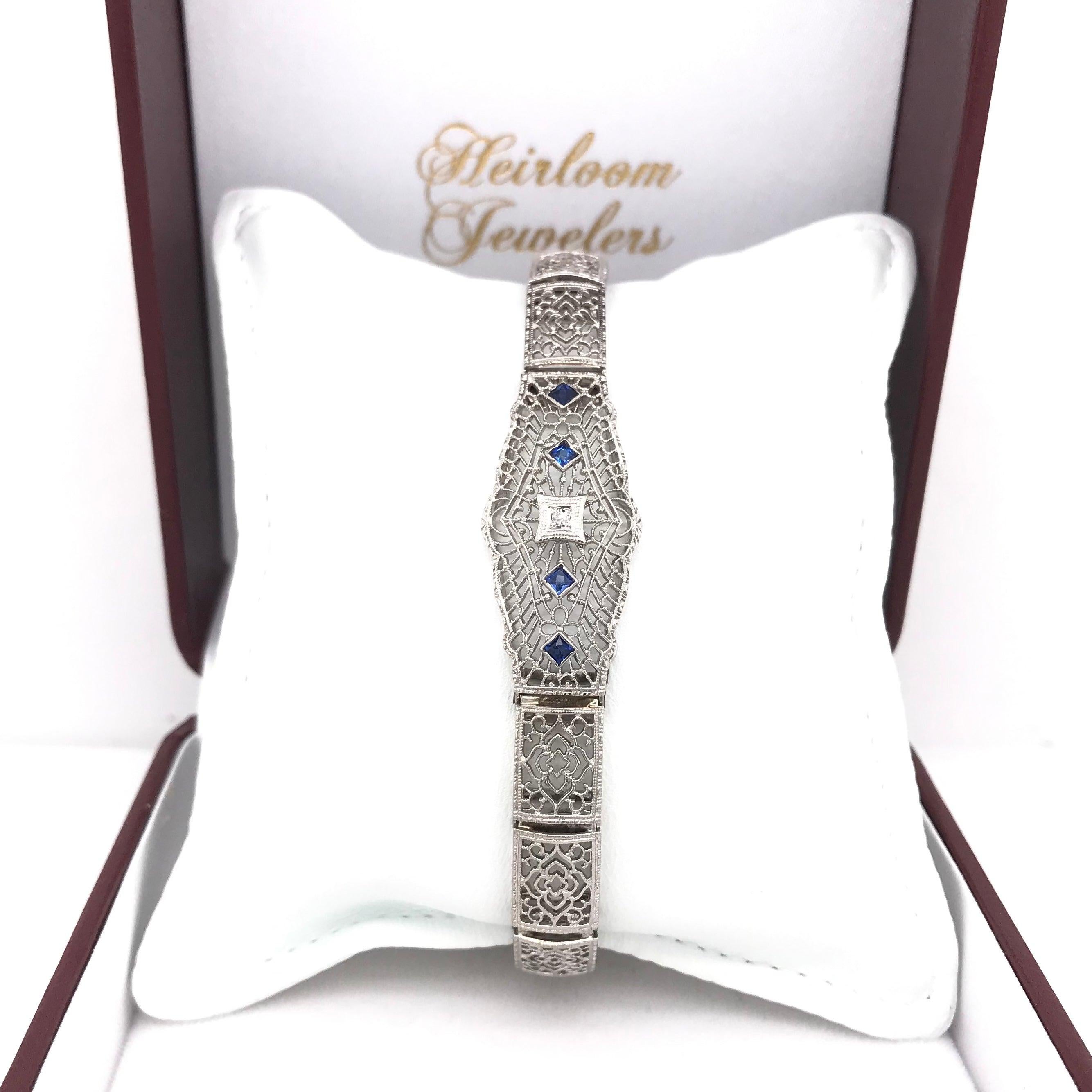 Art Deco Antique Diamond and Sapphire Filigree Bracelet For Sale