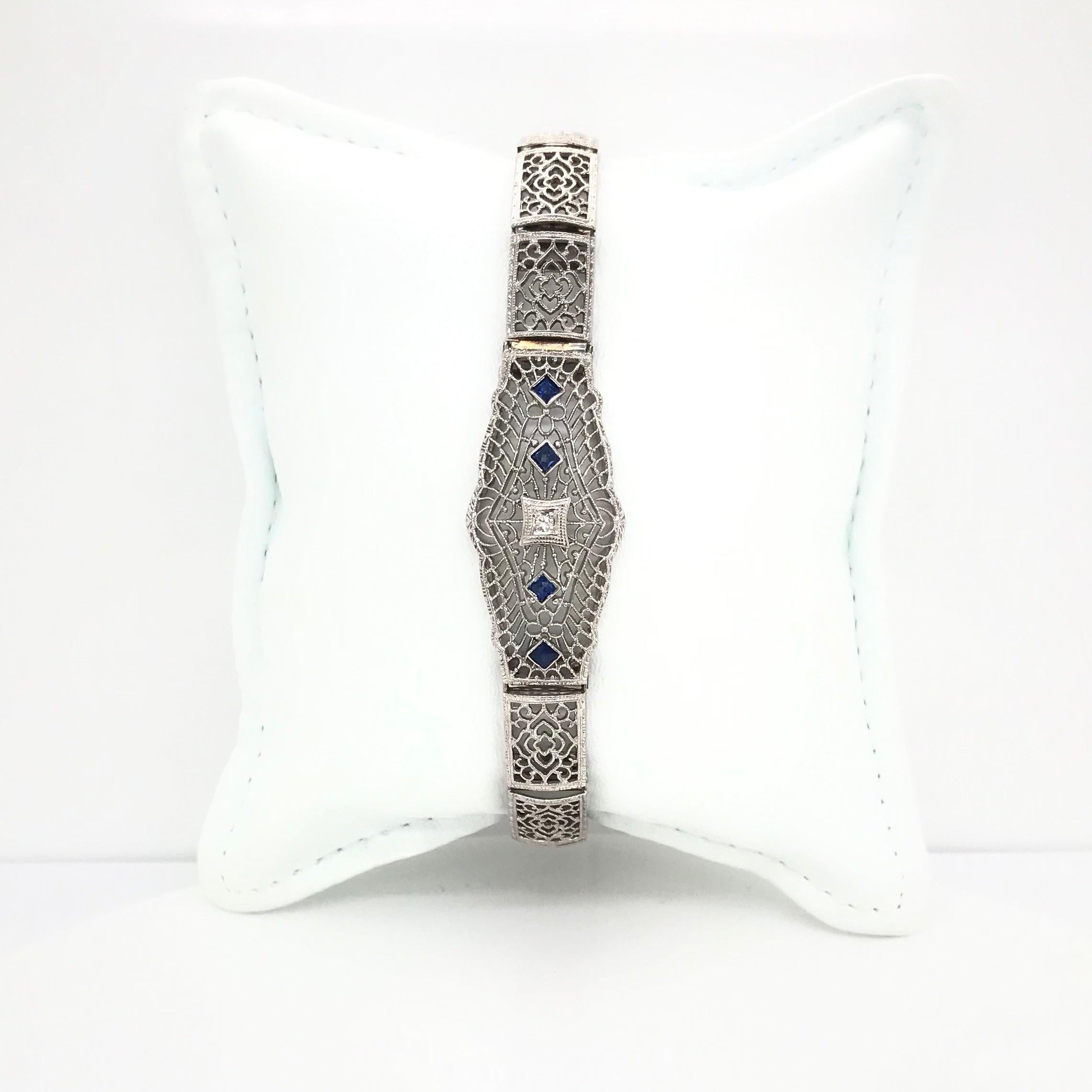 Antique Diamond and Sapphire Filigree Bracelet In Good Condition For Sale In Montgomery, AL