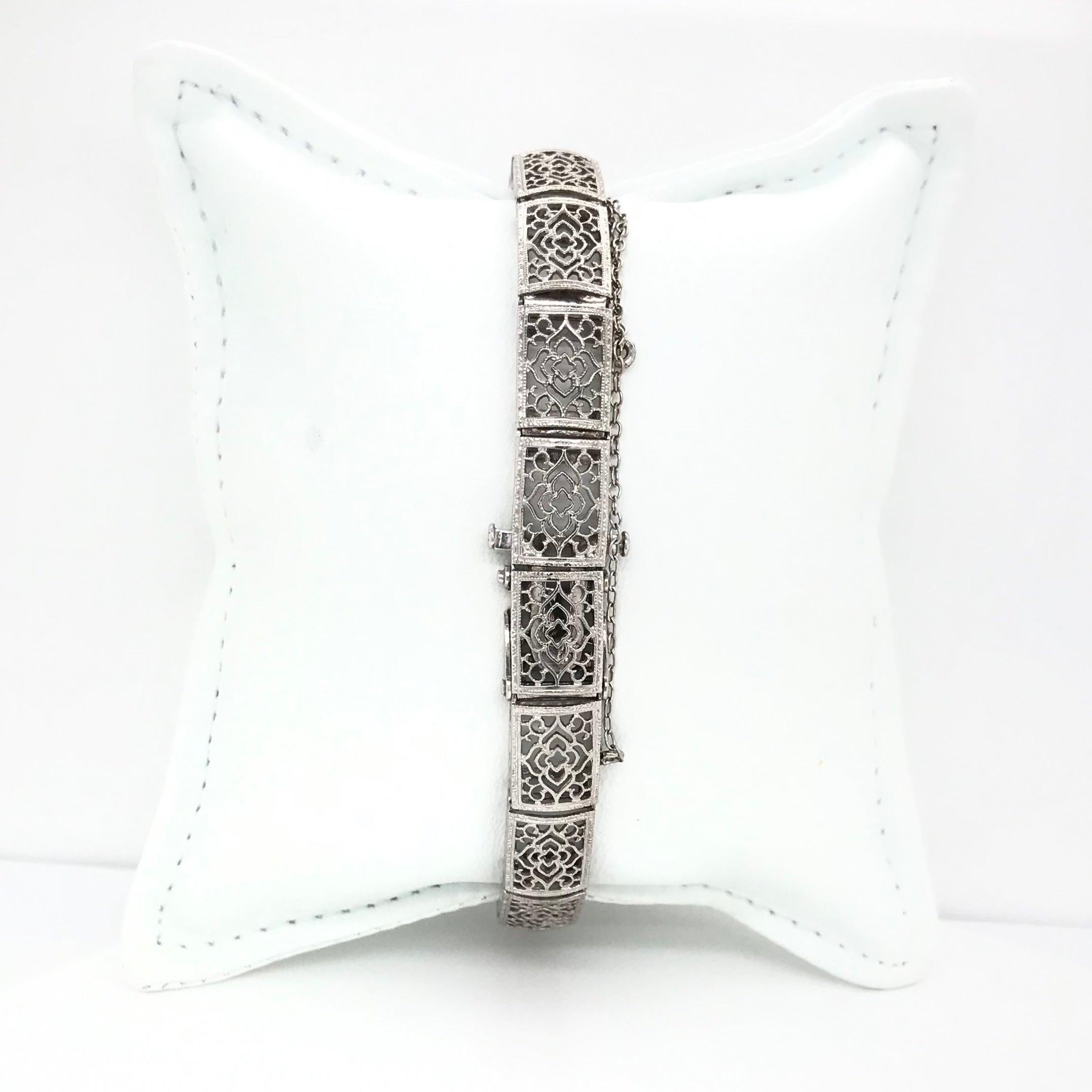 Women's Antique Diamond and Sapphire Filigree Bracelet For Sale